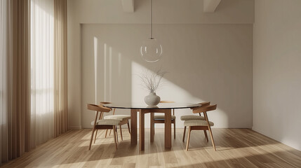 Minimalist dining room with a round glass table, modern wooden chairs, and a geometric light fixture, set against neutral walls and wooden flooring.