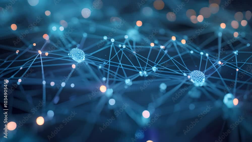 Poster a blue network of lines and dots on a black background, a web of interconnected nodes depicting the 