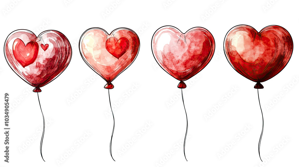 Poster set of red heart balloons isolated on a transparent background generative ai