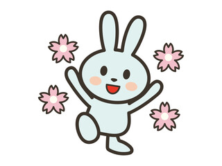 嬉しそうなかわいいうさぎさんと桜の花びらのイラスト