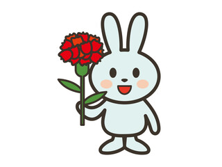 笑顔でカーネーションを持つかわいいうさぎさんのイラスト