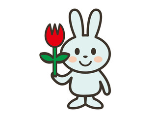 Obraz premium 笑顔でチューリップを持つかわいいうさぎさんのイラスト