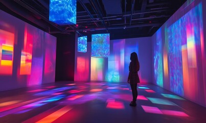 Woman standing in a room with colorful light projections.