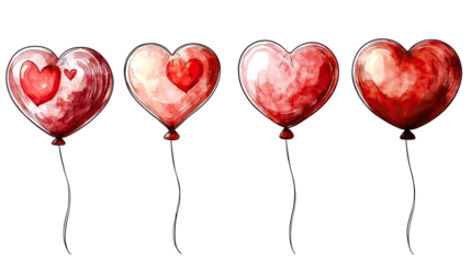 Set of Red Heart Balloons Isolated on a Transparent Background Generative AI