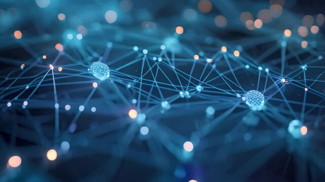 A Blue Network of Lines and Dots on a Black Background, A web of interconnected nodes depicting the decentralized nature of blockchain technology