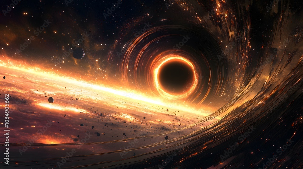 Wall mural abstract black hole system over star field with event horizon, gravity singularity in outer space.
