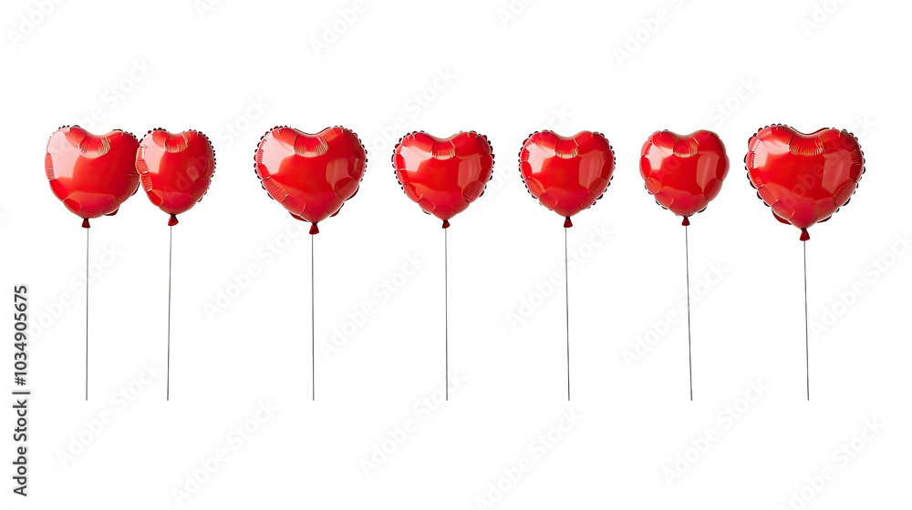 Poster collection of red heart balloons isolated on a transparent background generative ai
