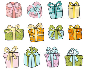Present gift boxes. Design surprise to anniversary, birthday and . Vector illustration.