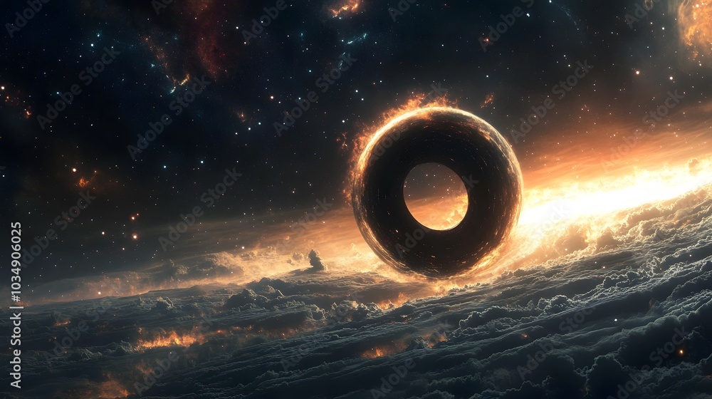 Wall mural abstract black hole system over star field with event horizon, gravity singularity in outer space.
