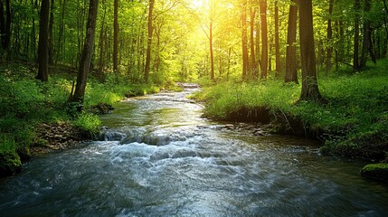 Tranquil Stream Flowing Through Lush Green Forest