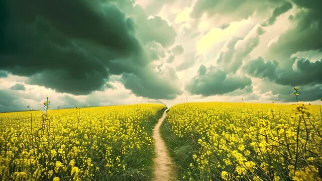 A Dirt Road Through a Field of Yellow Flowers, A windy path through mustard fields under a cloudy sky