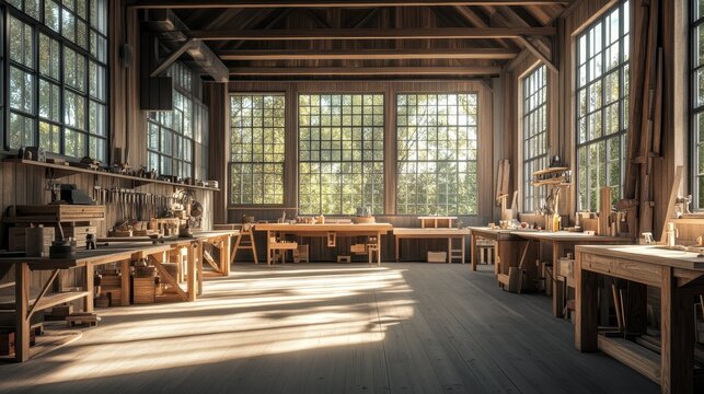 Fototapeta A large, well-lit workshop with several wooden workbenches, tools, and windows overlooking a green forest.
