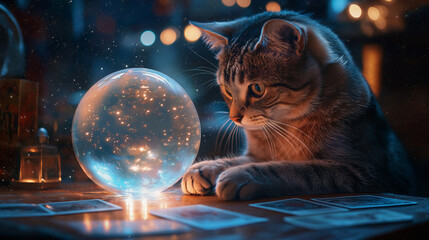 A cat perched on a table with a glowing crystal ball, surrounded by tarot cards and mystical decorations. A dark, starry backdrop enhances the magical feel.