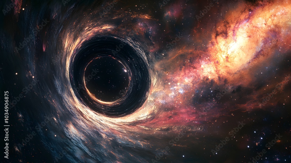 Wall mural abstract black hole system over star field with event horizon, gravity singularity in outer space.