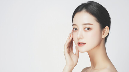 Beautiful young asian woman with clean fresh skin on white background, Face care, Facial treatment, Cosmetology, beauty and spa, Asian women portrait.