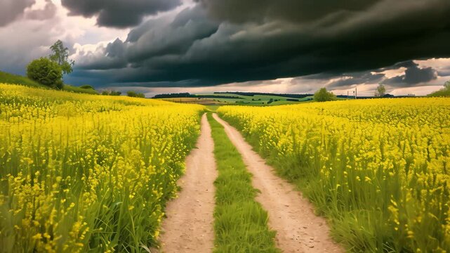 Dirt Road Through Field of Yellow Flowers, A windy path through mustard fields under a cloudy sky