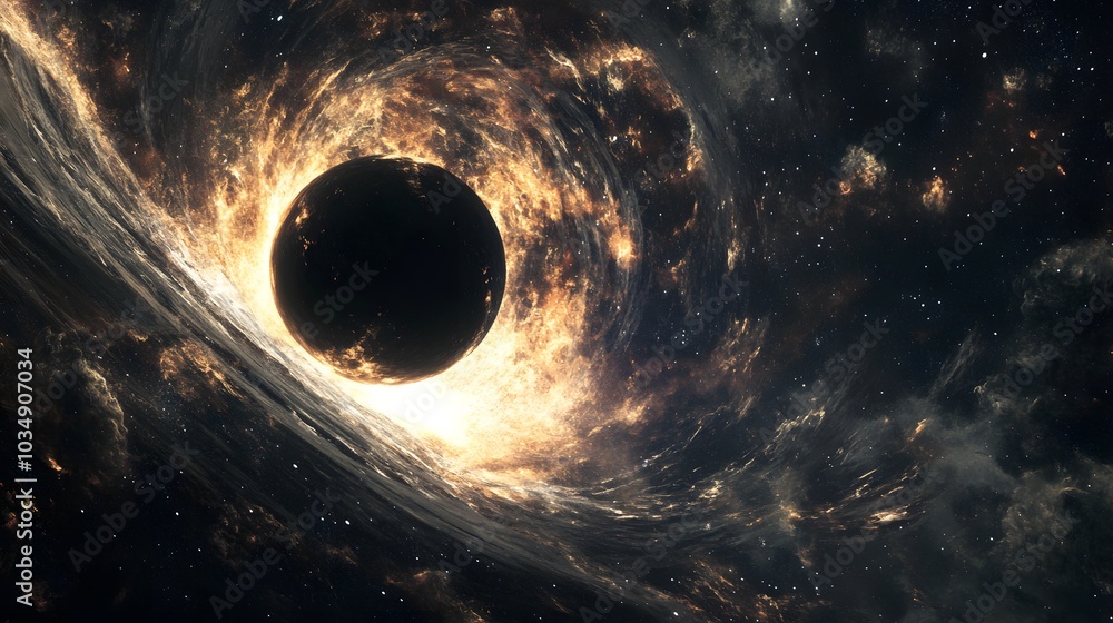 Wall mural abstract black hole system over star field with event horizon, gravity singularity in outer space.