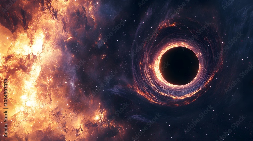 Wall mural abstract black hole system over star field with event horizon, gravity singularity in outer space.