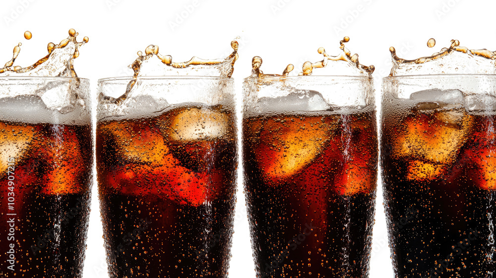 Poster refreshing cola drinks splashing with bubbles on a clear background generative ai