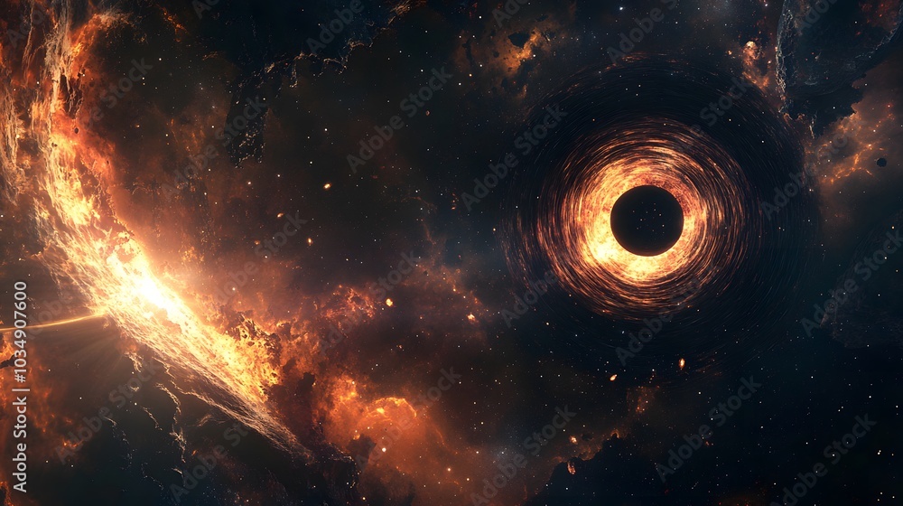 Wall mural abstract black hole system over star field with event horizon, gravity singularity in outer space.