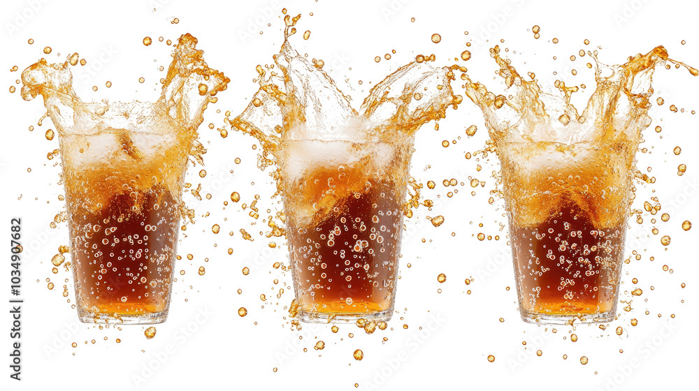 Poster fizzy cola drinks with lively splashes on clear background generative ai