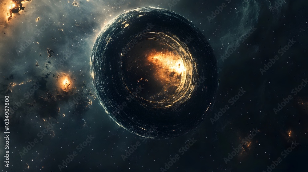 Wall mural abstract black hole system over star field with event horizon, gravity singularity in outer space.