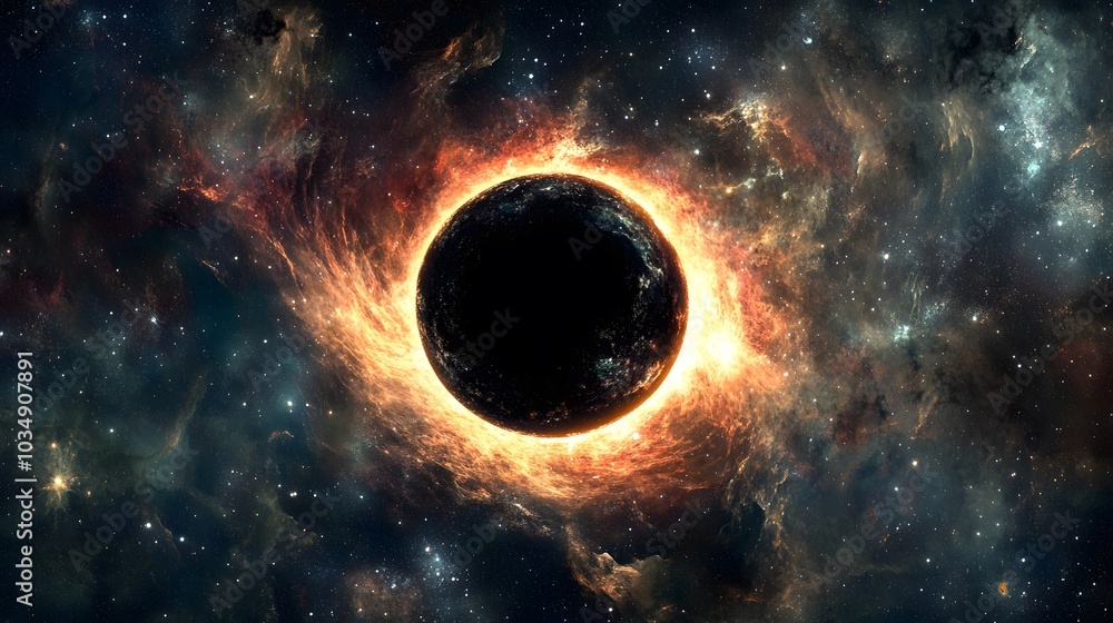 Wall mural abstract black hole system over star field with event horizon, gravity singularity in outer space.