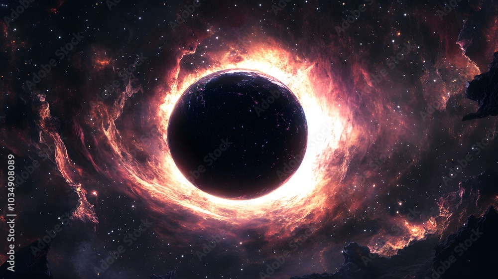 Wall mural abstract black hole system over star field with event horizon, gravity singularity in outer space.