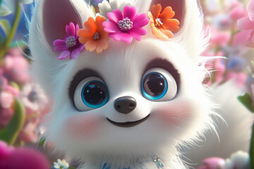 Fototapeta premium Cute Cartoon Fox with Flowers