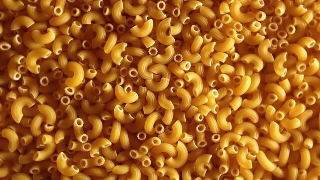 Uncooked Chifferi Rigati Pasta - Top View, Low Key. Fat and Unhealthy Food. Classic Dry Macaroni, Slowly Rotating Background. Italian Culture and Cuisine. Raw Golden Pasta Texture - Left Rotation