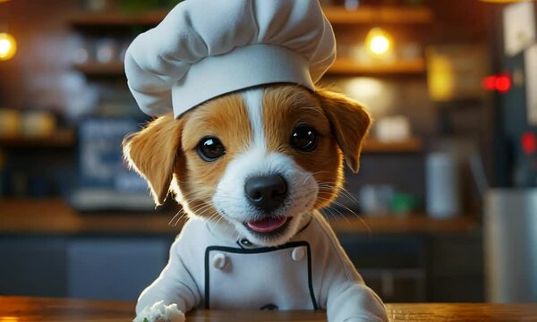 Dog chef cooking at Japanese sushi restaurant, funny puppy wearing chef's hat uniform. Creative animal pet meme in costume 3d unique digital art, food photography, culinary arts background wallpape