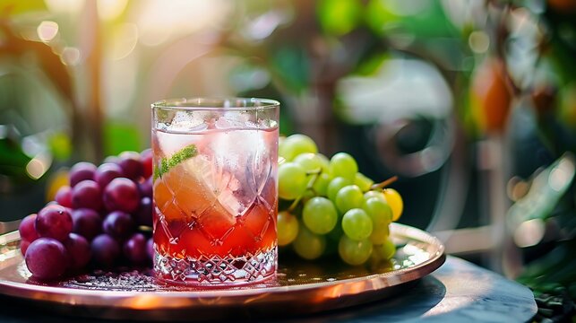 A glass of cocktail at dusk on a platter with green red and purple grapes