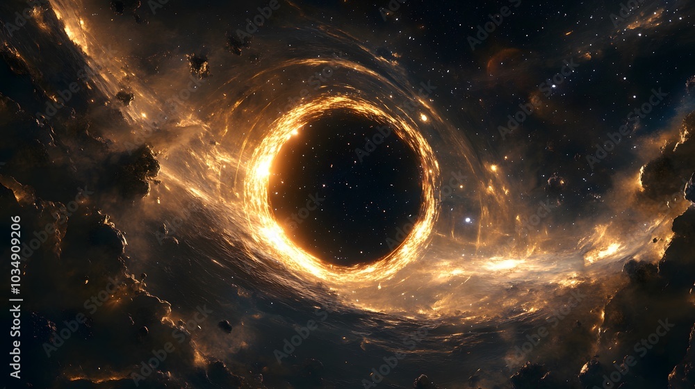 Sticker abstract black hole system over star field with event horizon, gravity singularity in outer space.