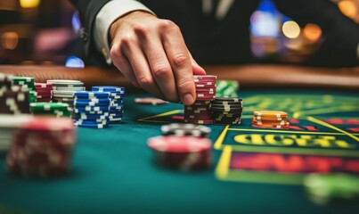 Hand placing chips on green felt casino table.