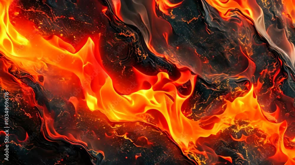 Poster this close-up video captures the intricate fire pattern adorning a black surface, abstract backgroun