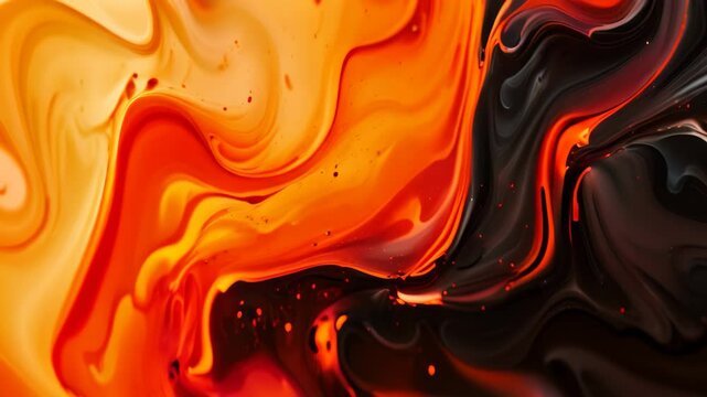 This close-up Videograph showcases the details of an orange and black liquid, highlighting its texture and color, Abstract background resembling flowing magma