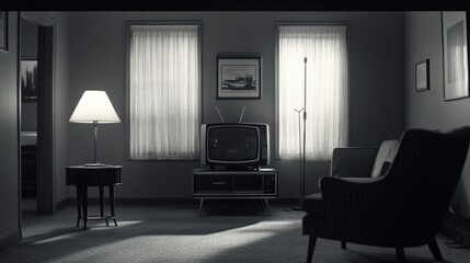 Cozy 1950s living room with a black-and-white TV set featuring rabbit ear antennas, capturing the era drive-in culture