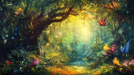 Obraz premium Enchanted Forest with Vibrant Flora and Fauna
