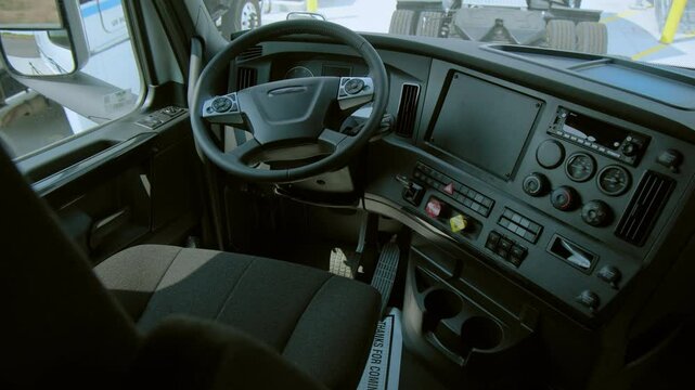  The interior of a new semi truck. 