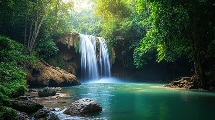 Obraz premium Serene Waterfall in Lush Green Jungle