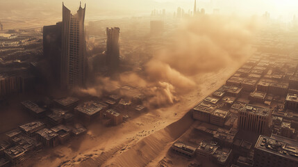 Illustration of a deserted town damaged by severe drought. Buildings are covered in dust and sand, and a large dust storm is brewing.
