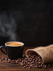 Aromatic coffee cup with spilled beans on wooden surface