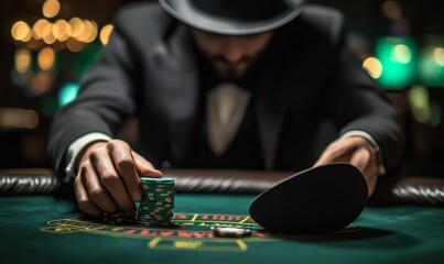 A gambler places a bet at a roulette table.