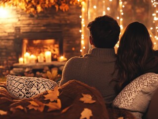 Fototapeta premium A man and woman are sitting on a couch in front of a fireplace