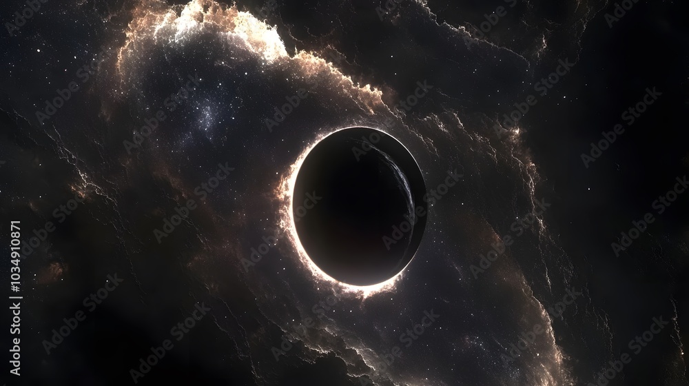 Wall mural abstract black hole system over star field with event horizon, gravity singularity in outer space.
