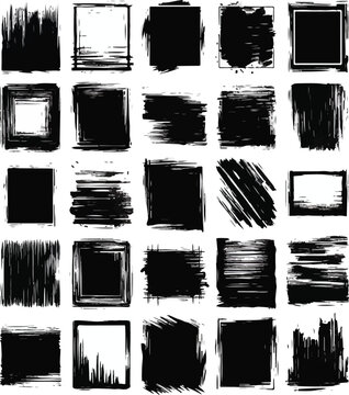 Print  Black vector rough edge rectangles. Grunge square frames set. Jagged edge torn paper background collection. Paint brush strokes. Hand-drawn ripped papers for collage. Grungy distressed text box
