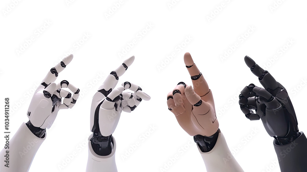 Aufkleber human and robot fingers touching on clear background generative ai