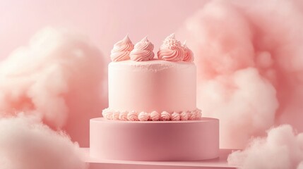 Cake shaped product displayed on a podium with cotton candy against a soft pastel background