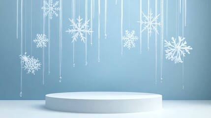 Empty white stage with a podium icicles and Christmas snowflakes suspended in the air against a blue background providing a minimalistic winter product mockup scene from the front