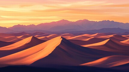 A sweeping desert scene features undulating sand dunes bathed in warm sunset colors complemented by distant mountains on the horizon